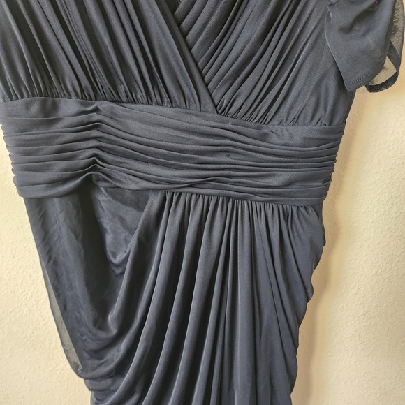 Adrianna Papell Navy Ruched Mesh V-Neck Draped Maxi Formal Evening Gown Dress 10 - Picture 6 of 9